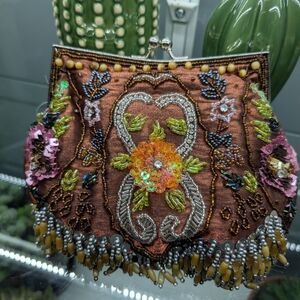 Embroidered Floral Clutch/Shoulder Bag W/Beads & 2 Straps